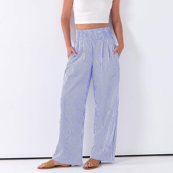 Striped Palazzo Pants for Women Summer High Waisted Wide Leg Casual Lounge Trousers with Pockets Cute Gingham Beach Pants Blue 2XL