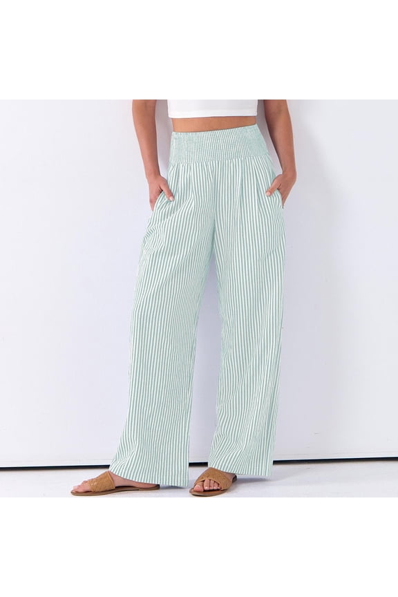 Striped Palazzo Pants for Women Summer High Waisted Wide Leg Casual Lounge Trousers with Pockets Cute Gingham Beach Pants Mint Green 2XL