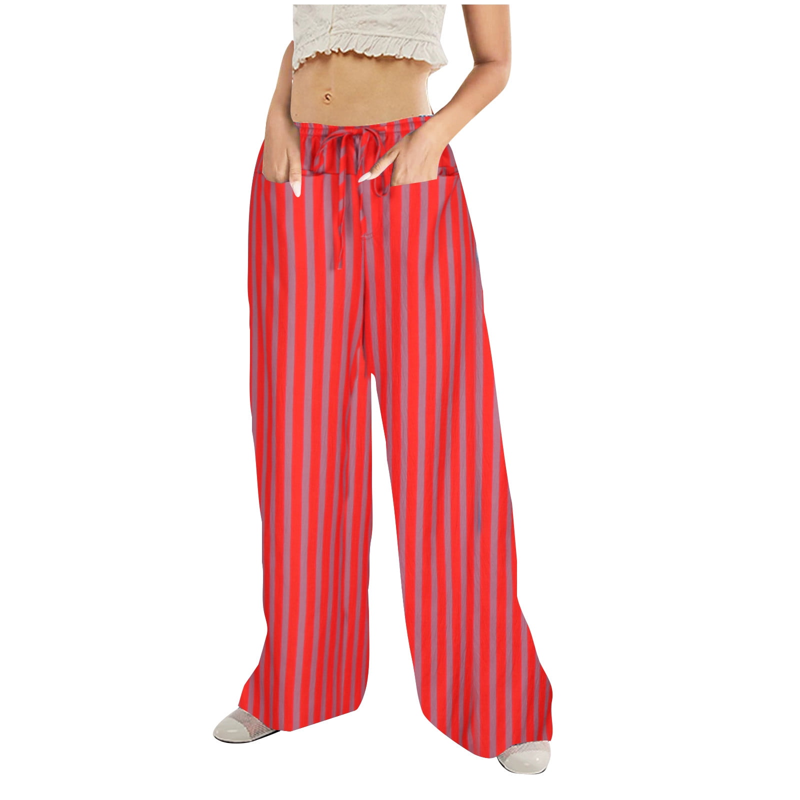 Striped Palazzo Wide Leg Pants Womens Casual Low Rise Beach Pants Flowy Drawstring Loose Pants for 2024 Summer Fall Walmart