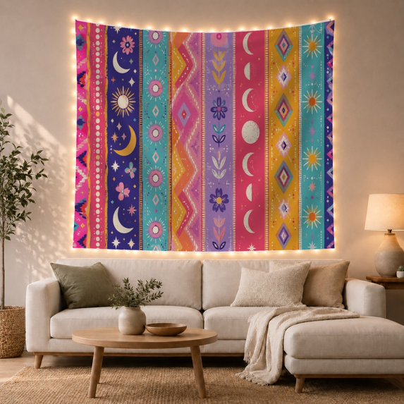 Colorful Folk Geometric Tapestry with Stripes and Medallion Patterns
