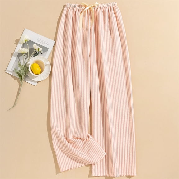 Striped Pants Women 2025 Fall Pajamas Cute Wide Leg Lounge Boxer Bottoms Drawstring Y2k Trousers Light pink Free