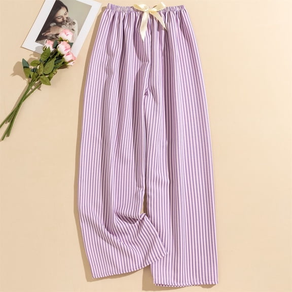 Striped Pants Women 2025 Fall Pajamas Cute Wide Leg Lounge Boxer Bottoms Drawstring Y2k Trousers Purple Pink Free
