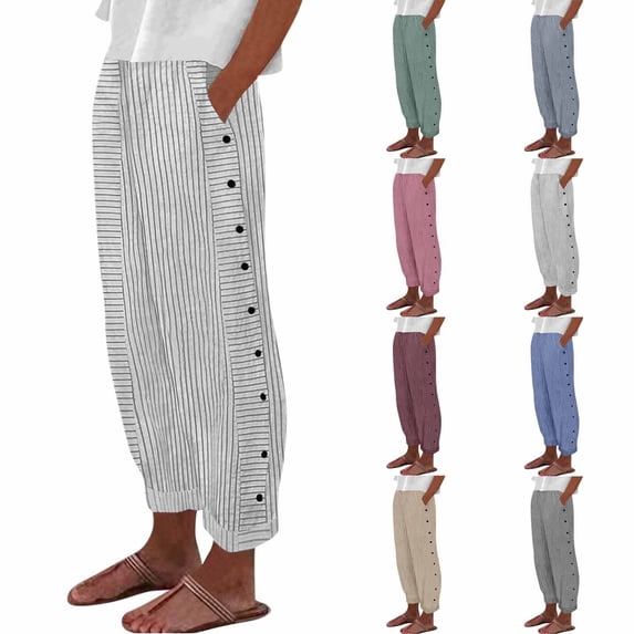 Striped Pants Women 2026 Plus Size Elastic Waist Straight Leg Pants Summer Casual Beach Trousers