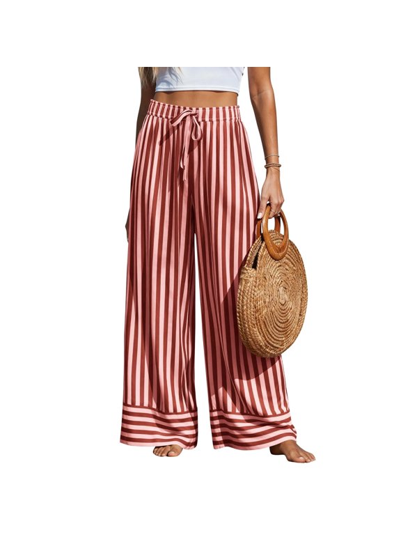 Striped Pants for Women Wide Leg Drawstring Beach Trousers with Pockets Women's Boho Cotton Bottoms, Loose Fit Vacation Trousers for Summer Vermilion S