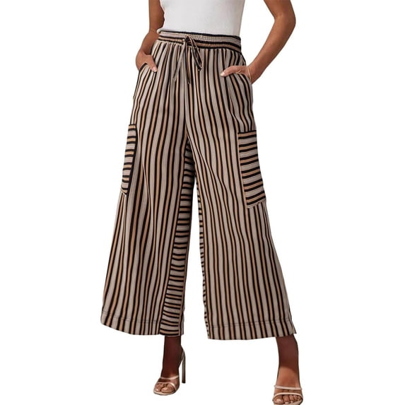 Striped Pants Women Wide Leg High Waist Cropped Trousers With Pockets Drawstring Casual Workout Stretchy Sweatpants