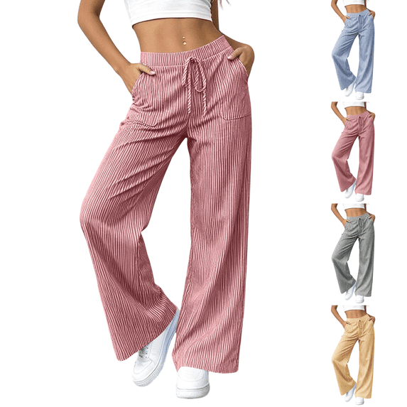 Striped Pants Womens Wide Leg Casual Palazzo Pants Striped Casual Drawstring Elastic Waisted Lounge Trousers with Pockets Red L