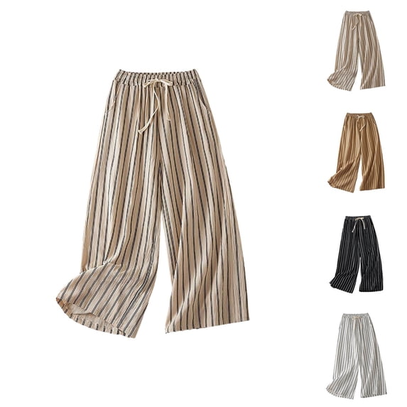 Striped Pants for Women 2026 Spring Summer Loose Fit Elastic Waist Wide Leg Lightweight Cotton Linen Pants with Pockets