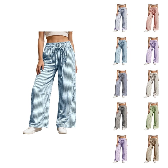 Striped Pants for Women 2026 Spring Summer Loose Fit Elastic Waist Wide Straight Leg Casual Beach Pants