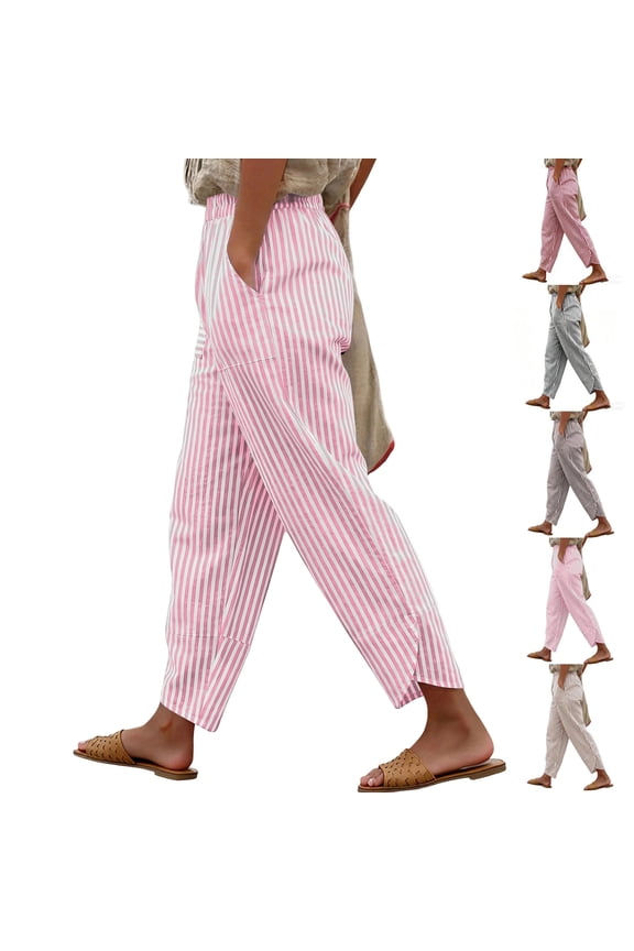 Striped Pants for Women Cropped Elastic Waist Summer Casual High Waisted Side Split Trousers with Pockets Pink XXL