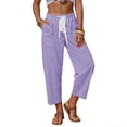 thumbnail image 1 of Striped Pants for Women Cropped Length Pockets Drawstring Wide Leg Sweatpants Vacation Casual Trendy Summer (M, Purple), 1 of 7