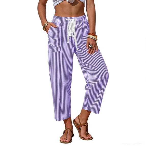 Striped Pants for Women Cropped Length Pockets Drawstring Wide Leg Sweatpants Vacation Casual Trendy Summer (M, Purple)