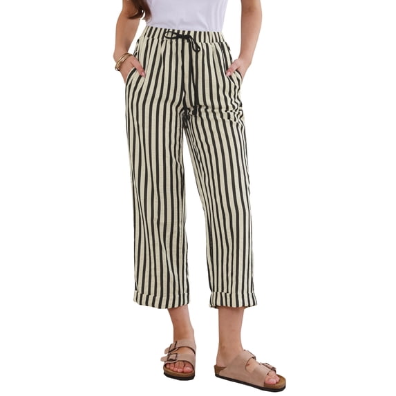 Striped Pants for Women Elastic Waist High Waisted Wide Leg Summer Casual Pants XS Black