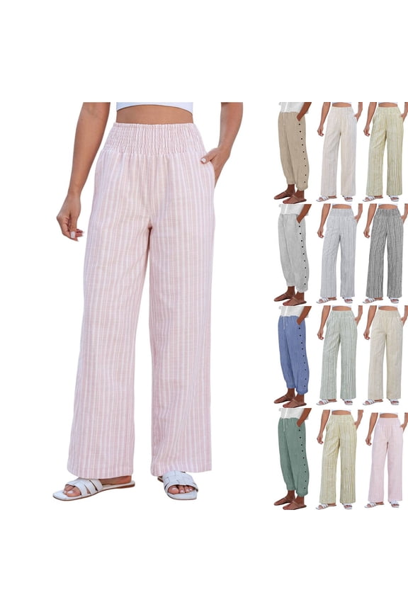 Striped Pants for Women High Waisted Wide Leg Cotton Linen Trendy Beach Pull on Elastic Waist Casual Flowy Pants Pink 2XL