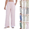 thumbnail image 1 of Striped Pants for Women High Waisted Wide Leg Cotton Linen Trendy Beach Pull on Elastic Waist Casual Flowy Pants Pink S, 1 of 5