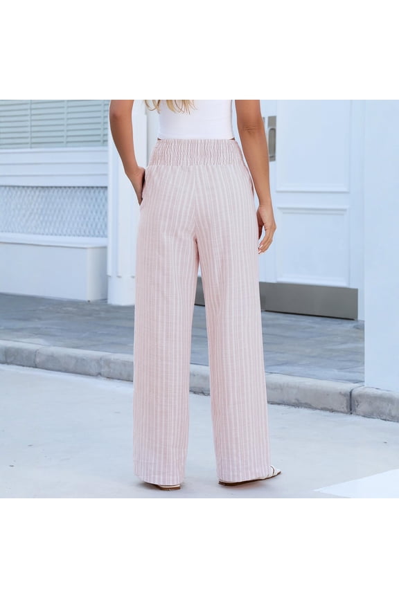 Striped Pants for Women High Waisted Wide Leg Cotton Linen Trendy Beach Pull on Elastic Waist Casual Flowy Pants Pink S
