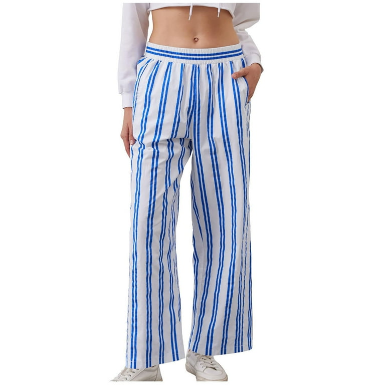 Striped Pants for Women Straight Wide Leg Elastic Waist Casual Trousers with Pocket Loose Drawstring Fall Lounge Y2k Clothes Blue S