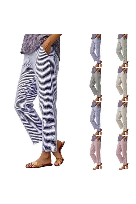 Striped Pants for Women Summer Boho Elastic Waist Side Button Slacks Beach Straight Leg Trouser with Pockets Black M