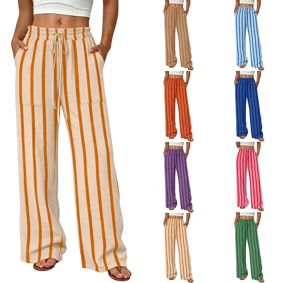 Striped Pants for Women Zaewscy Women's Striped Ruffle Drawstring Casual Pants With Pockets Beige S
