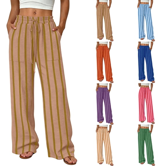 Striped Pants for Women Zaewscy Women's Striped Ruffle Drawstring Casual Pants With Pockets Khaki S