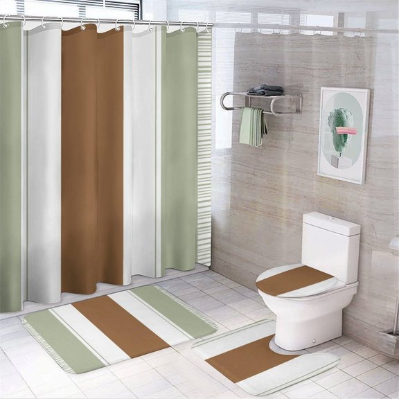 Striped Pattern Fabric Shower Curtain Set Modern Bathroom Decor Mats 4pcs Fabric Bathroom Curtain Slip Floor Rug Toilet Lid