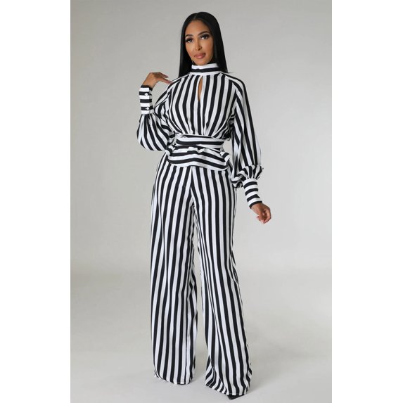 Striped Pattern Pant Set (S, MultiBlack)