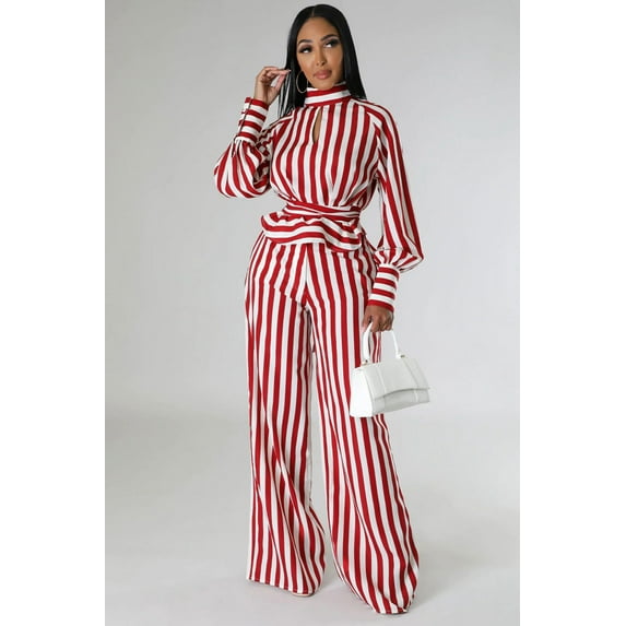 Striped Pattern Pant Set (S, MultiRed)