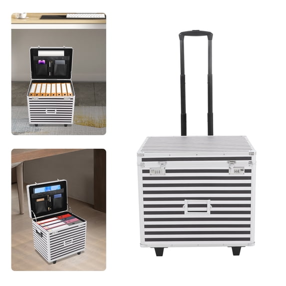 Striped Pattern Rolling File Storage Case, Black+Silver File Storage Case With Lock, 50 Kg/110. 23 Lbs Load-Bearing Capacity File Box With Wheels And Telescopic Pole, Lockable Document Organizer