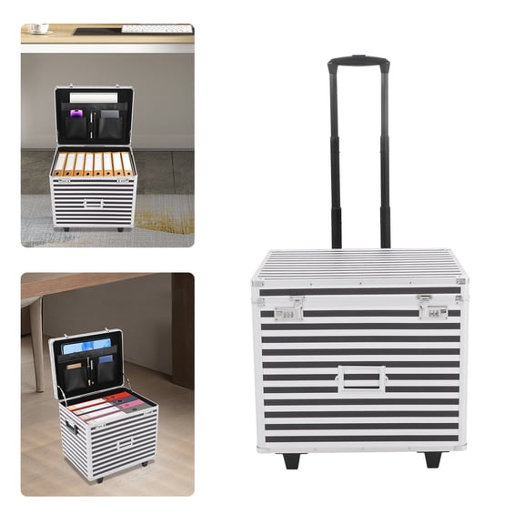 Striped Pattern Rolling File Storage Case, Black+Silver File Storage Case With Lock, 50 Kg/110. 23 Lbs Load-Bearing Capacity File Box With Wheels And Telescopic Pole, Lockable Document Organizer