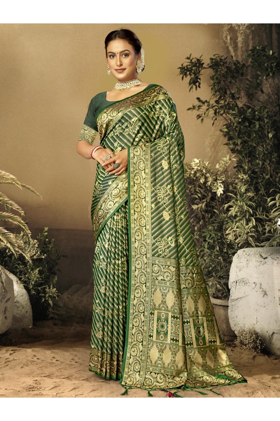 Striped Pattern Satin Silk Saree With Designer Pallu And Tassels – Lunar Green