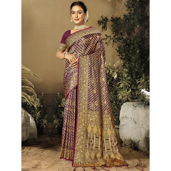 Striped Pattern Satin Silk Saree With Designer Pallu And Tassels – Purple Brown