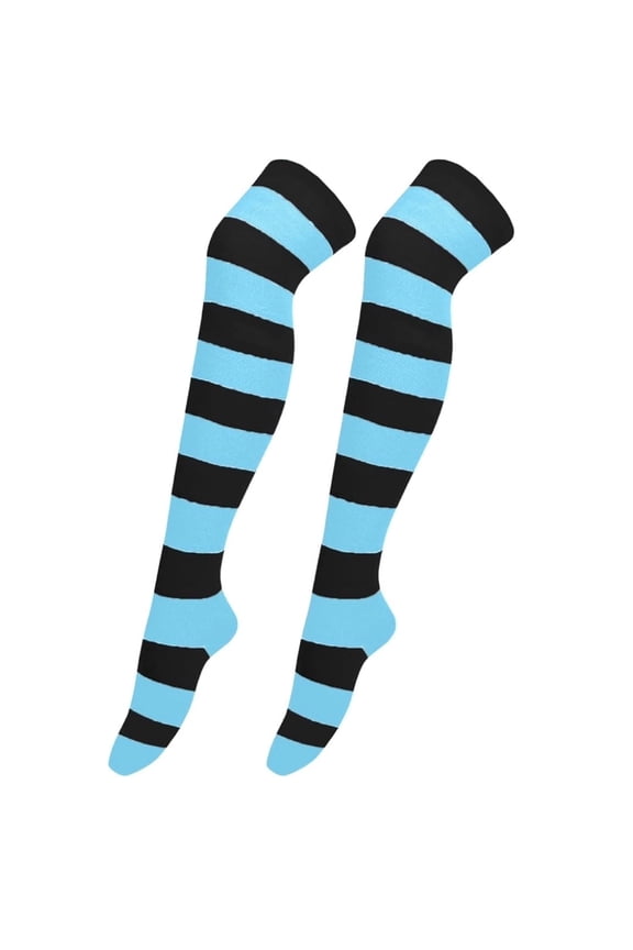 Striped Patterned Socks (Thigh High) Bright Blue and Black