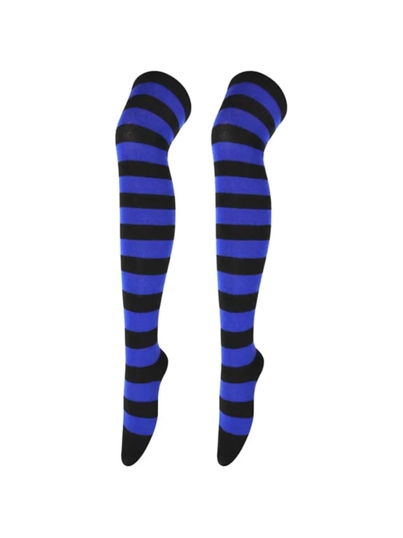 Striped Patterned Socks (Thigh High) Dark Blue and Black