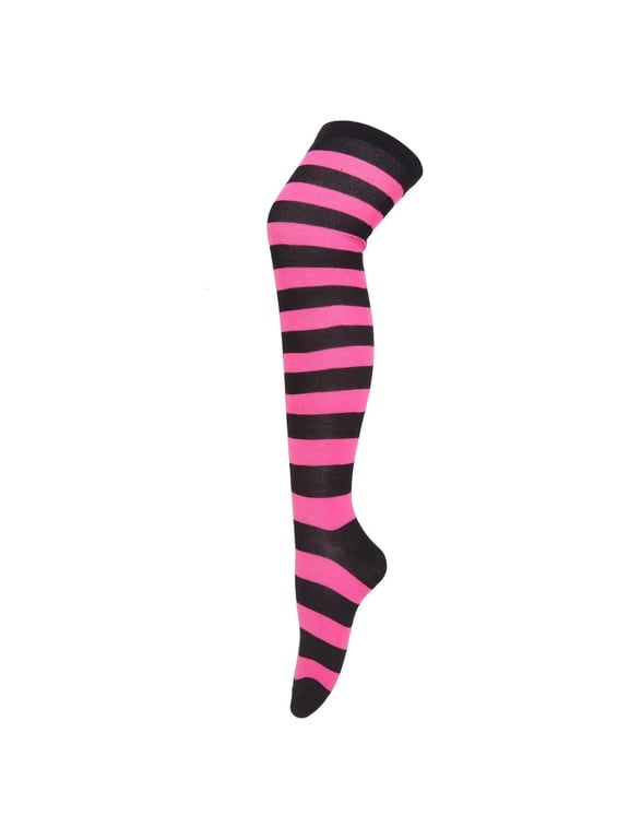 Striped Patterned Socks (Thigh High) Neon Pink and Black