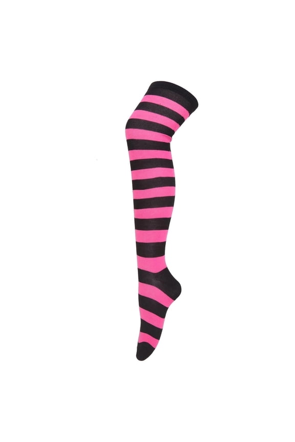 Striped Patterned Socks (Thigh High) Neon Pink and Black