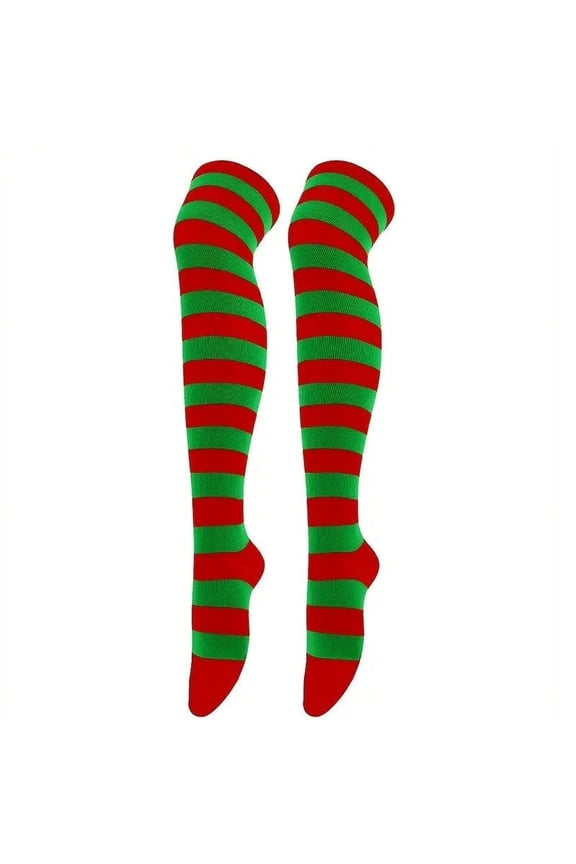Striped Patterned Socks (Thigh High) Green and Red