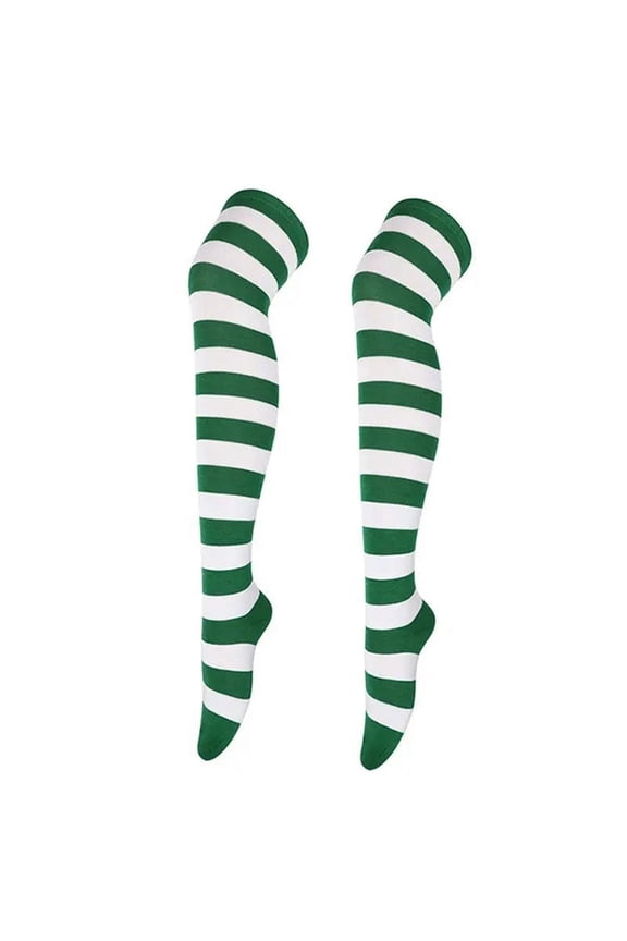 Striped Patterned Socks (Thigh High) Green and White
