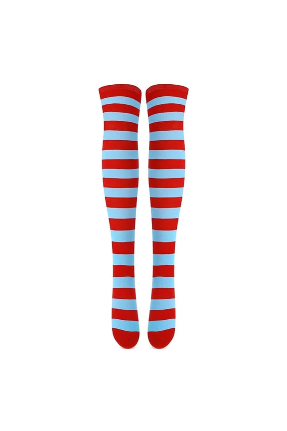 Striped Patterned Socks (Thigh High) Light Blue and Red