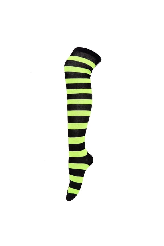 Striped Patterned Socks (Thigh High) Lime Green and Black