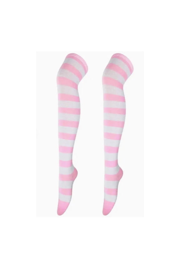 Striped Patterned Socks (Thigh High) Pink and White