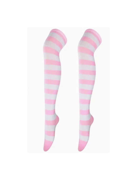 Striped Patterned Socks (Thigh High) Pink and White