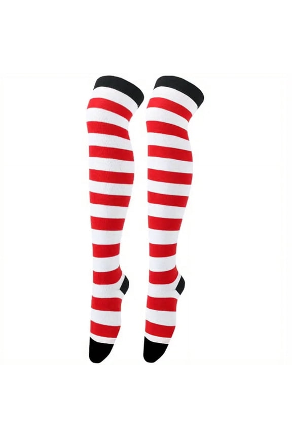 Striped Patterned Socks (Thigh High) White and Red