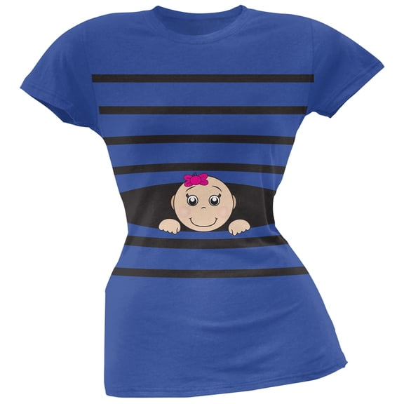 Striped Peeking Baby Girl Blue Soft Juniors T-Shirt - Medium