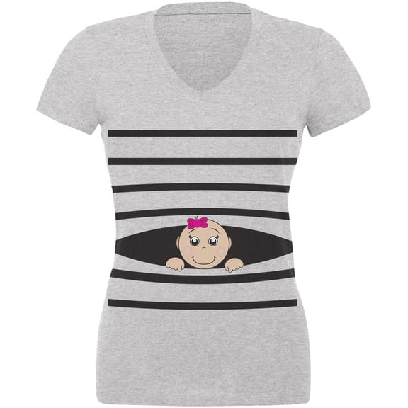 Striped Peeking Baby Girl Heather Juniors V-Neck T-Shirt - Small