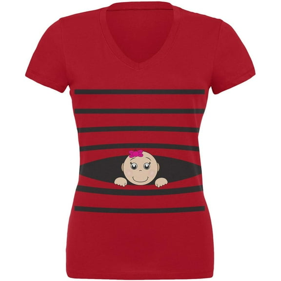 Striped Peeking Baby Girl Red Juniors V-Neck T-Shirt - Large