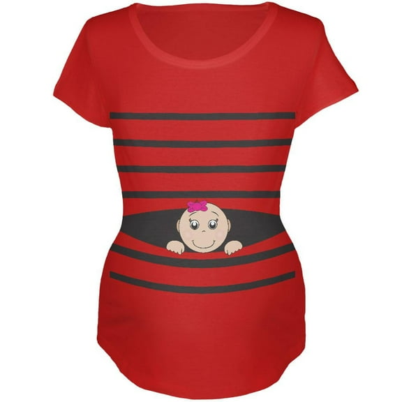 Striped Peeking Baby Girl Red Maternity Soft T-Shirt - Small