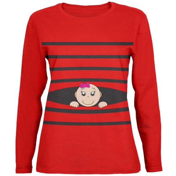 Striped Peeking Baby Girl Red Womens Long Sleeve T-Shirt - Small