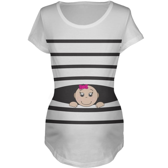 Striped Peeking Baby Girl White Maternity T-Shirt - 2X-Large