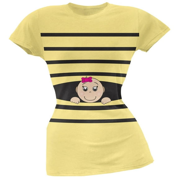 Striped Peeking Baby Girl Yellow Soft Juniors T-Shirt - Large