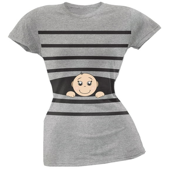 Striped Peeking Baby Grey Soft Juniors T-Shirt - Medium