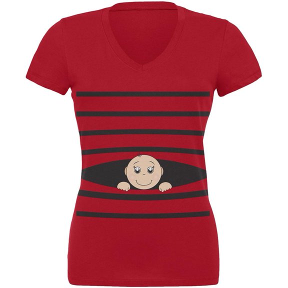 Striped Peeking Baby Red Juniors V-Neck T-Shirt - Large